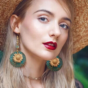Gold Sunflower Turquoise Bohemian Dangle Earrings